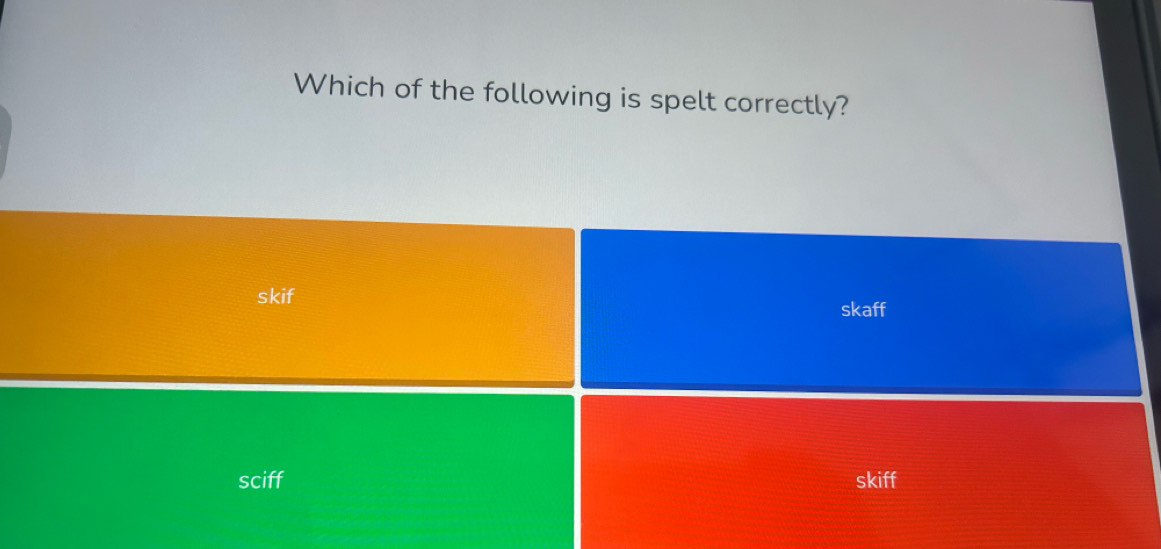 Which of the following is spelt correctly?
skif skaff
sciff skiff