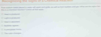 Recognizing the Signs of a Chemical Reaction
Pure-sodum masa placed in water will spak and ignile, as well as form bubbles and gas. What are the sighs nat
ti is a chemical reaction? Check all that apply
Mead is produces
Light is praduced
eat is abscher
Bumbles appeer
A precipicate forms
The calor changes