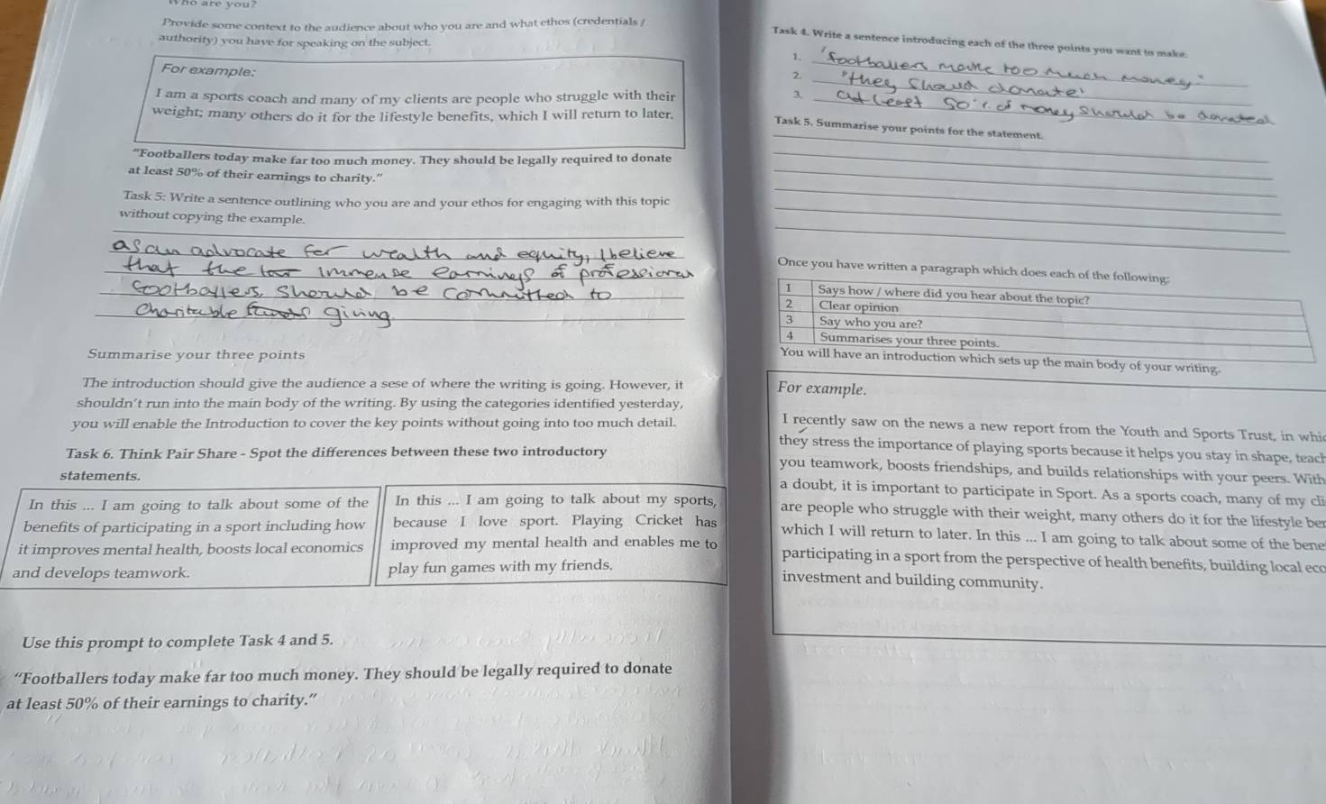 Provide some context to the audience about who you are and what ethos (credentials j
authority) you have for speaking on the subject
Task 4. Write a sentence introducing each of the three points you want to make.
1.
_
For example:
2.
_
I am a sports coach and many of my clients are people who struggle with their_
3,
weight; many others do it for the lifestyle benefits, which I will return to later,
_Task 5. Summarise your points for the statement.
_
“Footballers today make far too much money. They should be legally required to donate_
_
at least 50% of their earnings to charity.”
Task 5: Write a sentence outlining who you are and your ethos for engaging with this topic
without copying the example.
_
_
_
_
_
_Once you have written a paragraph which do
_
_
Summarise your three points
The introduction should give the audience a sese of where the writing is going. However, it
For example.
shouldn’t run into the main body of the writing. By using the categories identified yesterday,
you will enable the Introduction to cover the key points without going into too much detail.
I recently saw on the news a new report from the Youth and Sports Trust, in whi
they stress the importance of playing sports because it helps you stay in shape, teach
Task 6. Think Pair Share - Spot the differences between these two introductory you teamwork, boosts friendships, and builds relationships with your peers. With
statements.
a doubt, it is important to participate in Sport. As a sports coach, many of my cl
In this ... I am going to talk about some of the In this ... I am going to talk about my sports, are people who struggle with their weight, many others do it for the lifestyle be
benefits of participating in a sport including how because I love sport. Playing Cricket has which I will return to later. In this ... I am going to talk about some of the bene
it improves mental health, boosts local economics improved my mental health and enables me to participating in a sport from the perspective of health benefits, building local eco
and develops teamwork. play fun games with my friends. investment and building community.
Use this prompt to complete Task 4 and 5.
“Footballers today make far too much money. They should be legally required to donate
at least 50% of their earnings to charity.”