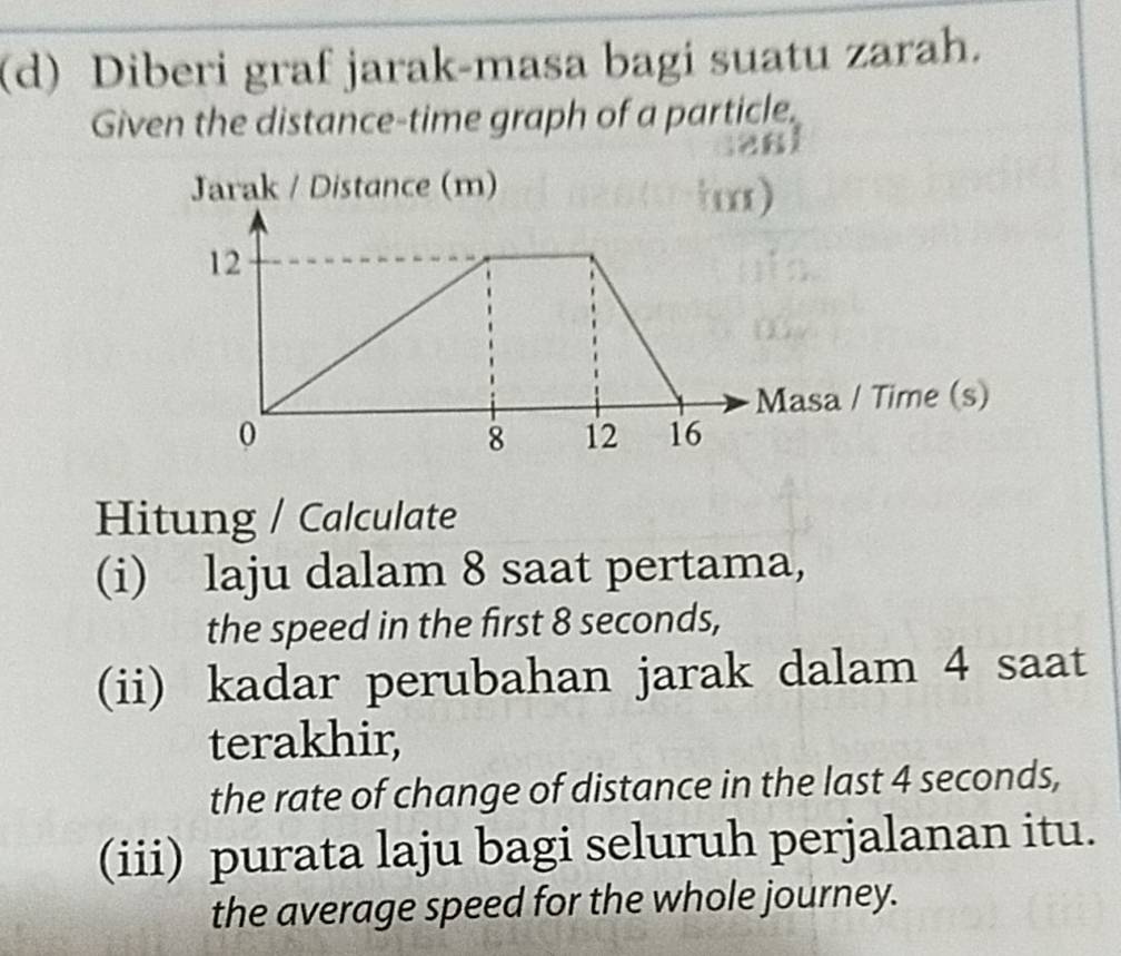 Diberi graf jarak-masa bagi suatu zarah. 
Given the distance-time graph of a particle. 
Hitung / Calculate 
(i) laju dalam 8 saat pertama, 
the speed in the first 8 seconds, 
(ii) kadar perubahan jarak dalam 4 saat
terakhir, 
the rate of change of distance in the last 4 seconds, 
(iii) purata laju bagi seluruh perjalanan itu. 
the average speed for the whole journey.