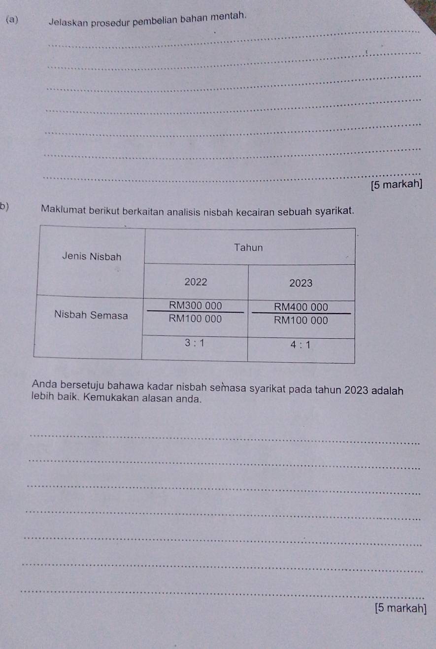 Jelaskan prosedur pembelian bahan mentah.
_
_
_
_
_
_
_
[5 markah]
b) Maklumat berikut berkaitan analisis nisbah kecairan sebuah syarikat.
Anda bersetuju bahawa kadar nisbah semasa syarikat pada tahun 2023 adalah
lebih baik. Kemukakan alasan anda.
_
_
_
_
_
_
_
[5 markah]