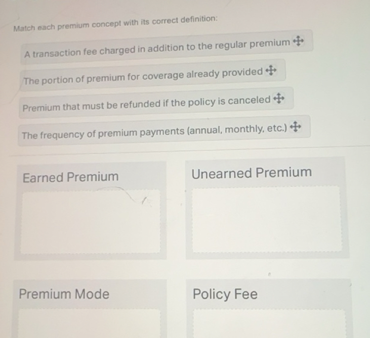 Solved: Match each premium concept with its correct definition: A ...