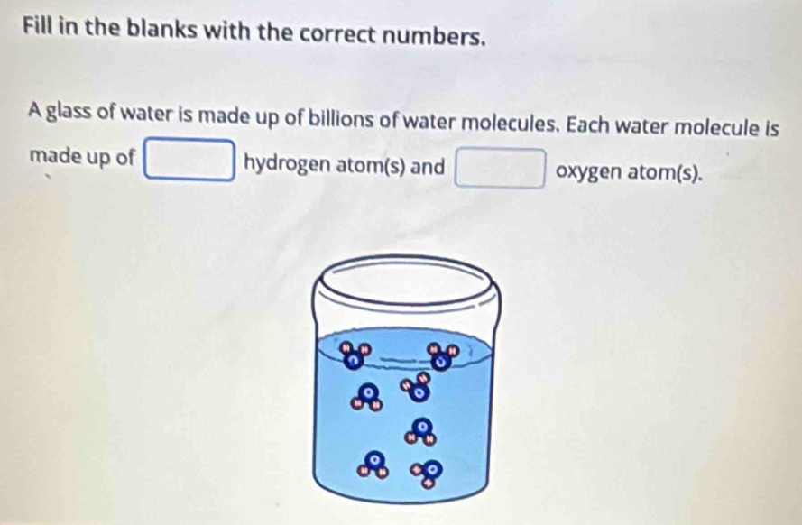 Fill in the blanks with the correct numbers. 
A glass of water is made up of billions of water molecules. Each water molecule is 
made up of hydrogen atom(s) and oxygen atom(s).