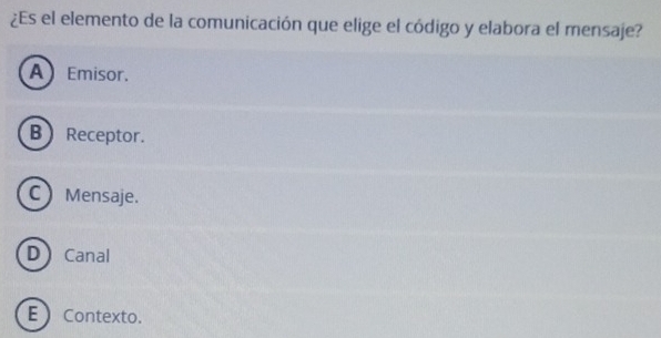 ¿Es el elemento de la comunicación que elige el código y elabora el mensaje?
A Emisor.
B Receptor.
C Mensaje.
D Canal
E Contexto.