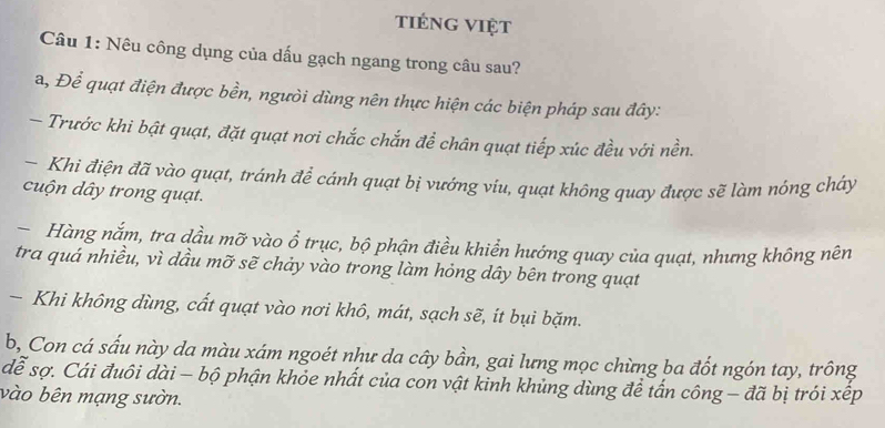 tiéng việt
Câu 1: Nêu công dụng của dấu gạch ngang trong câu sau?
a, Để quạt điện được bền, người dùng nên thực hiện các biện pháp sau đây:
- Trước khi bật quạt, đặt quạt nơi chắc chắn đề chân quạt tiếp xúc đều với nền.
- Khi điện đã vào quạt, tránh để cánh quạt bị vướng víu, quạt không quay được sẽ làm nóng cháy
cuộn dây trong quạt.
Hàng nắm, tra dầu mỡ vào ổ trục, bộ phận điều khiển hướng quay của quạt, nhưng không nên
tra quá nhiều, vì dầu mỡ sẽ chảy vào trong làm hỏng dây bên trong quạt
- Khi không dùng, cất quạt vào nơi khô, mát, sạch sẽ, ít bụi bặm.
b, Con cá sấu này da màu xám ngoét như da cây bần, gai lưng mọc chừng ba đốt ngón tay, trông
dễ sợ. Cái đuôi dài - bộ phận khỏe nhất của con vật kinh khủng dùng để tấn công - đã bị trói xếp
vào bên mạng sườn.