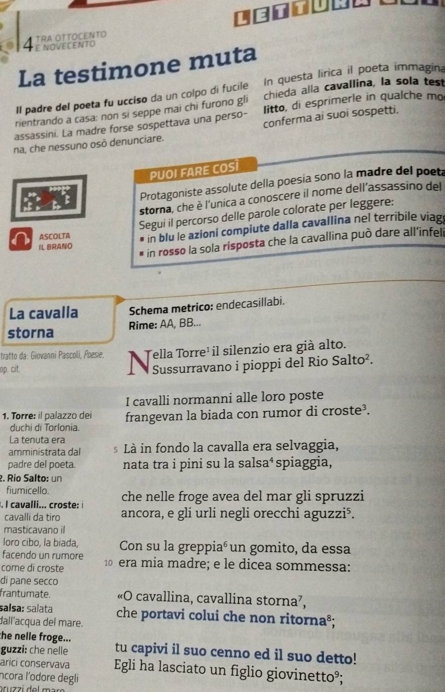 NOVECENTO
La testimone muta
Il padre del poeta fu ucciso da un colpo di fucile In questa lirica il poeta immagina
rientrando a casa: non si seppe mai chi furono gli chieda alla cavallina, la sola test
assassini. La madre forse sospettava una perso- litto, di esprimerle in qualche mo
conferma ai suoi sospetti.
na, che nessuno osò denunciare.
PUOI FARE COSÍ
Protagoniste assolute della poesia sono la madre del poet
storna, che è l'unica a conoscere il nome dell’assassino del
Segui il percorso delle parole colorate per leggere:
IL BRANO # in blu le azioni compiute dalla cavallina nel terribile viag
ASCOLTA
* in rosso la sola risposta che la cavallina può dare all’infeli
La cavalla Schema metrico: endecasillabi.
storna Rime: AA, BB...
tratto da: Giovanni Pascoli, Poesie. Tella Torre¹ il silenzio era già alto.
op. cit.
Sussurravano i pioppi del Rio Salto^2.
I cavalli normanni alle loro poste
1. Torre: il palazzo dei frangevan la biada con rumor di croste³.
duchi di Torlonia.
La tenuta era
amministrata dal * Là in fondo la cavalla era selvaggia,
padre del poeta. nata tra i pini su la salsa⁴ spiaggia,
2. Rio Salto: un
fiumicello.
. I cavalli... croste: i che nelle froge avea del mar gli spruzzi
cavalli da tiro ancora, e gli urli negli orecchi aguzzi⁵.
masticavano il
loro cibo, la biada, Con su la greppiaó un gomito, da essa
facendo un rumore
come di croste 10 era mia madre; e le dicea sommessa:
di pane secco
frantumate. «O cavallina, cavallina storna’,
salsɑ: salata che portavi colui che non ritorna³;
dall´acqua del mare.
the nelle froge...
guzzi: che nelle tu capivi il suo cenno ed il suo detto!
arici conservava Egli ha lasciato un figlio giovinetto°;
ncora l’odore degli