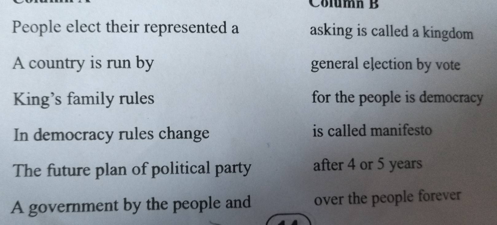 Column B
People elect their represented a
asking is called a kingdom
A country is run by general election by vote
King’s family rules for the people is democracy
In democracy rules change is called manifesto
The future plan of political party
after 4 or 5 years
A government by the people and over the people forever