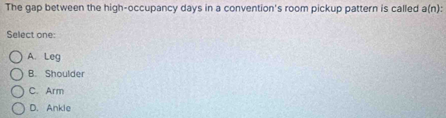 The gap between the high-occupancy days in a convention's room pickup pattern is called a(n)
Select one:
A. Leg
B. Shoulder
C. Arm
D. Ankle