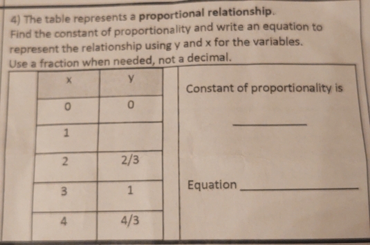 The table represents a proportional relationship. 
Find the constant of proportionality and write an equation to 
represent the relationship using y and x for the variables. 
n needed, not a decimal. 
Constant of proportionality is 
_ 
Equation_