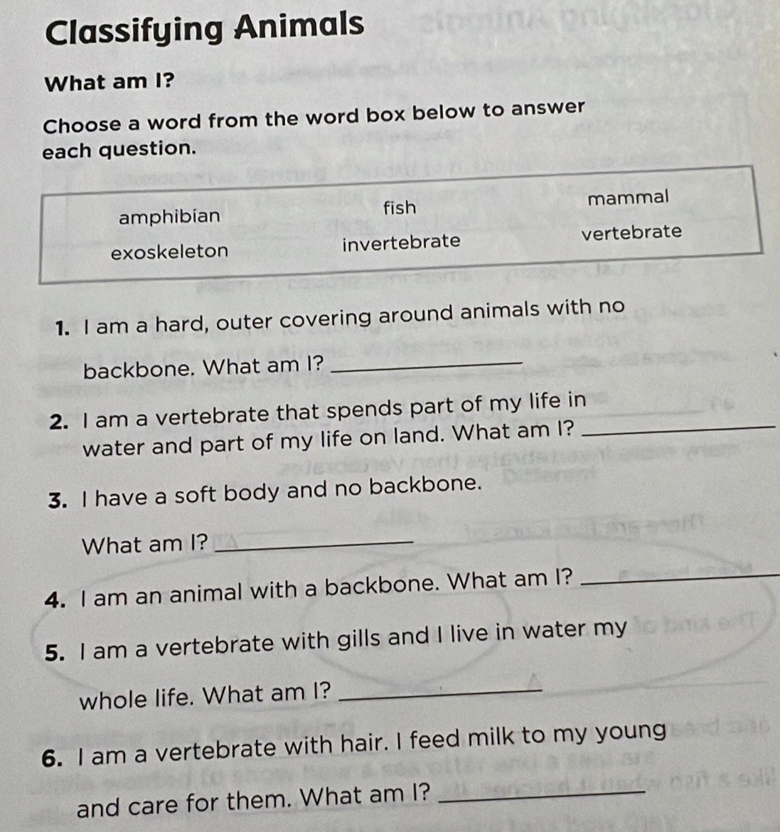 Classifying Animals
What am I?
Choose a word from the word box below to answer
each question.
fish
amphibian mammal
exoskeleton invertebrate vertebrate
1. I am a hard, outer covering around animals with no
backbone. What am I?_
2. I am a vertebrate that spends part of my life in_
water and part of my life on land. What am I?
3. I have a soft body and no backbone.
What am I?_
4. I am an animal with a backbone. What am I?
_
5. I am a vertebrate with gills and I live in water my
whole life. What am I?_
6. I am a vertebrate with hair. I feed milk to my young
and care for them. What am I?_