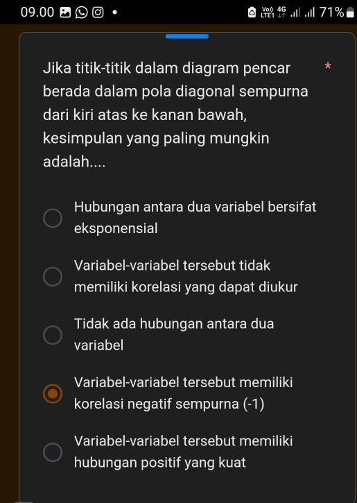 09.00 Vox) I71%
LTE
Jika titik-titik dalam diagram pencar *
berada dalam pola diagonal sempurna
dari kiri atas ke kanan bawah,
kesimpulan yang paling mungkin
adalah....
Hubungan antara dua variabel bersifat
eksponensial
Variabel-variabel tersebut tidak
memiliki korelasi yang dapat diukur
Tidak ada hubungan antara dua
variabel
Variabel-variabel tersebut memiliki
korelasi negatif sempurna (-1)
Variabel-variabel tersebut memiliki
hubungan positif yang kuat