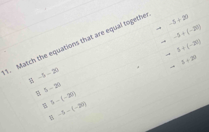 Match the equations that are equal togethe
-5+20
-5+(-20)
5+(-20)
5+20
-5-20
5-20
5-(-20)
-5-(-20)