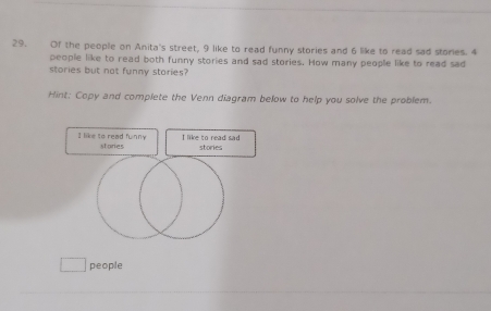 Of the people on Anita's street, 9 like to read funny stories and 6 like to read sad stories. 4
people like to read both funny stories and sad stories. How many people like to read sad 
stories but not funny stories? 
Hint: Copy and complete the Venn diagram below to help you solve the problem. 
people