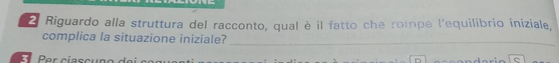 Riguardo alla struttura del racconto, qual è il fatto che rompe l'equilibrio iniziale, 
complica la situazione iniziale?_ 
Per ciascun