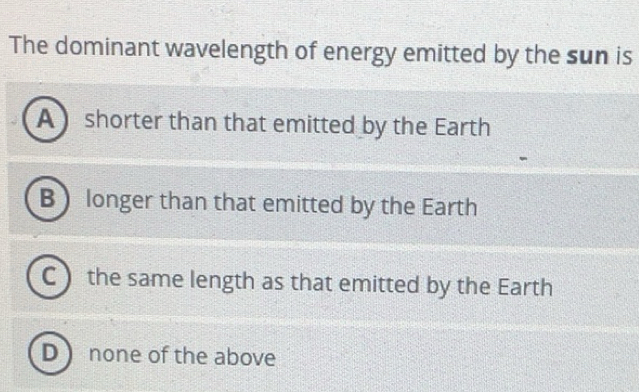 Solved: The dominant wavelength of energy emitted by the sun is A ...