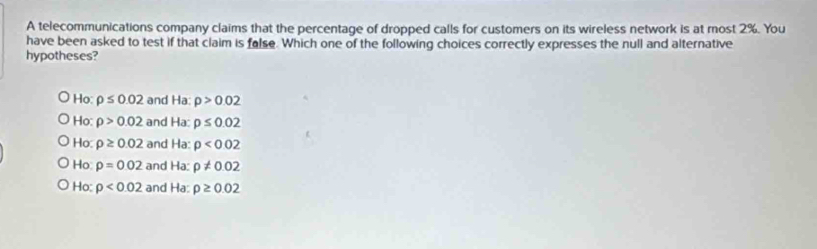 A telecommunications company claims that the percentage of dropped calls for customers on its wireless network is at most 2%. You
have been asked to test if that claim is false. Which one of the following choices correctly expresses the null and alternative
hypotheses?
Ho: rho ≤ 0.02 and Ha:p>0.02
Ho: rho >0.02 and Ha:p≤ 0.02
Ho: rho ≥ 0.02 and Ha: rho <0.02
Ho: rho =0.02 and Ha: rho != 0.02
Ho: rho <0.02 and Ha: rho ≥ 0.02