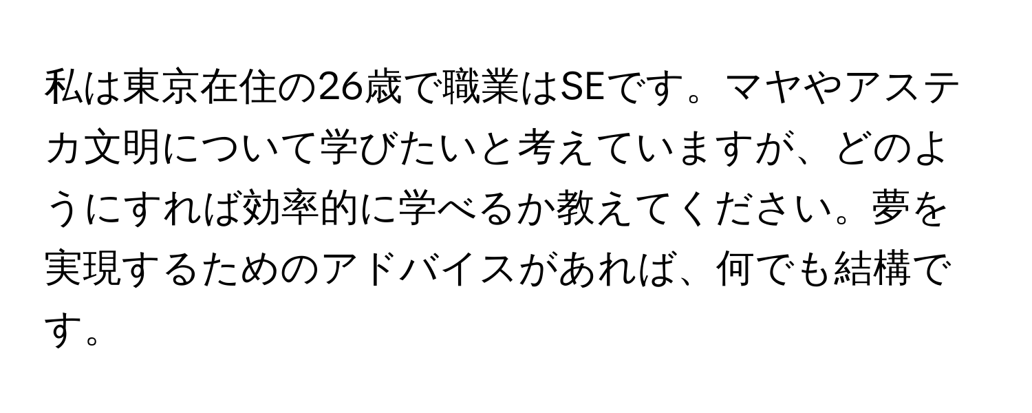 私は東京在住の26歳で職業はSEです。マヤやアステカ文明について学びたいと考えていますが、どのようにすれば効率的に学べるか教えてください。夢を実現するためのアドバイスがあれば、何でも結構です。