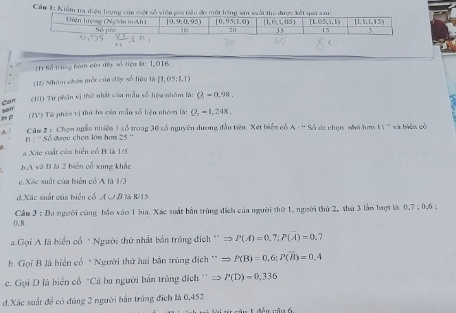 Kiểm tra điện lượng của một số viên pin tiểu đo một hãng sản xuất thu được kết quả sau:
(I) Số trung bình của đây số liệu là: 1,016.
(II) Nhóm chứa mốt của dãy số liệu là [1,05:1,1)
Cort (III) Tử phân vị thứ nhất của mẫu số liệu nhóm là: Q_1=0.98.
sen!
in P (IV) Tứ phân vị thứ ba của mẫu số liệu nhóm là: Q_1=1,248.
A  Câu 2 : Chọn ngẫu nhiên 1 số trong 30 số nguyên dương đầu tiên. Xét biến cố A : '' Số de chọn nhỏ hơn 11'' và biến cố
B: ' Số được chọn lớn hơn 25 ''
q.
a. Xác suất của biển cố B là 1/5
b.A và B là 2 biến cố xung khắc
c.Xác suất của biển cố A là 1/3
d.Xác suất của biển cố A∪ B là 8/15
Câu 3 : Ba người cùng bắn vào 1 bia. Xác suất bắn trúng đích của người thứ 1, người thứ 2, thứ 3 lần lượt là 0,7;0,6
0,8.
a.Gọi A là biến cổ * Người thứ nhất bắn trúng đích '' P(A)=0,7;P(overline A)=0,7
b. Gọi B là biến cố * Người thứ hai bắn trúng đích ** P(B)=0,6;P(overline B)=0,4
c. Gọi D là biến cố *Cả ba người bắn trúng đích `` P(D)=0,336
d.Xác suất để có đúng 2 người bắn trúng địch là 0,452
đến câu 6