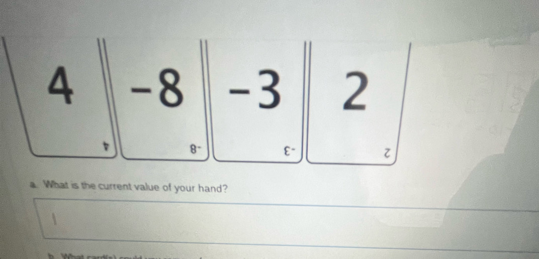 4 -8 -3 2
8- 
varepsilon^-
z
a. What is the current value of your hand?