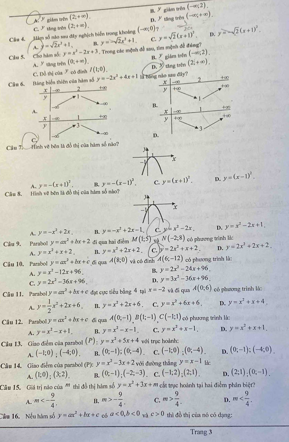 A  giảm trên (2;+∈fty ). B. Y giảm trên (-∈fty ;2).
C. V tăng trên (2;+∈fty ). D. Y tăng trên (-∈fty ,+∈fty ).
Câu 4. Hàm số nào sau đây nghịch biển trong khoảng (-∈fty ;0) ？
A. y=sqrt(2)x^2+1, B. y=-sqrt(2)x^2+1. C. y=sqrt(2)(x+1)^2. D. y=-sqrt(2)(x+1)^2.
Câu 5. Cho hàm số: y=x^2-2x+3. Trong các mệnh đề sau, tìm mệnh đề đúng?
A. У tăng trên (0;+∈fty ). B. Y giám trên (-∈fty ;2).
C. Đồ thị của ◤ có đỉnh I(1;0). D. X tăng trên (2i+∈fty ).
Câu 6. Bảng biến thiên của hàm số y=-2x^2+4x+1 là bàng nào sau day ?
x -∞ 2 +∞0
x -∞ 2 +∞
+∞
y +∈fty
y 1
1
-∞ B. 1 +∞
∞
A.
x
-∞
x -∞ 1 +∞
y +∞ +∞
y 3
3
C -o6 -∞ D.
Câu 7. Hình vẽ bên là đồ thị của hàm số nào?
3
x
A. y=-(x+1)^2. B. y=-(x-1)^2. C. y=(x+1)^2. D. y=(x-1)^2.
Câu 8. Hình vẽ bên là đồ thị của hàm số nào?
y
-1 x
A. y=-x^2+2x. B. y=-x^2+2x-1. C. y=x^2-2x. D. y=x^2-2x+1.
Câu 9. Parabol y=ax^2+bx+2 đi qua hai điểm M(1;5) và N(-2;8) có phương trình là:
A. y=x^2+x+2. B. y=x^2+2x+2 C. y=2x^2+x+2. D. y=2x^2+2x+2.
Câu 10. Parabol y=ax^2+bx+c di qua A(8;0) và có đinh A(6;-12) có phương trình là:
A. y=x^2-12x+96.
B. y=2x^2-24x+96.
C. y=2x^2-36x+96.
D. y=3x^2-36x+96.
Câu 11. Parabol y=ax^2+bx+c đạt cực tiểu bằng 4 tại x=-2 và đi qua A(0;6) có phương trình là:
A. y= 1/2 x^2+2x+6. B. y=x^2+2x+6. C. y=x^2+6x+6. D. y=x^2+x+4.
Câu 12. Parabol y=ax^2+bx+c đi qua A(0;-1)B(1;-1)C(-1;1) có phương trình là:
A. y=x^2-x+1. B. y=x^2-x-1. C. y=x^2+x-1. D. y=x^2+x+1.
Câu 13. Giao điểm của parabol (P): y=x^2+5x+4 với trục hoành:
A. (-1;0);(-4;0). B. (0;-1);(0;-4). C. (-1;0);(0;-4). D. (0;-1);(-4;0).
Câu 14. Giao điểm của parabol  (P): y=x^2-3x+2 với đường thẳng y=x-1 là:
A. (1;0);(3;2). B. (0;-1);(-2;-3) C. (-1;2);(2;1). D. (2;1);(0;-1).
Câu 15. Giá trị nào của ''' thì đồ thị hàm số y=x^2+3x+m cắt trục hoành tại hai điểm phân biệt?
A. m<- 9/4 . B. m>- 9/4 . C. m> 9/4 . D. m
Câu 16. Nếu hàm số y=ax^2+bx+c có a<0,b<0</tex> và c>0 thì đồ thị của nó có dạng:
Trang 3