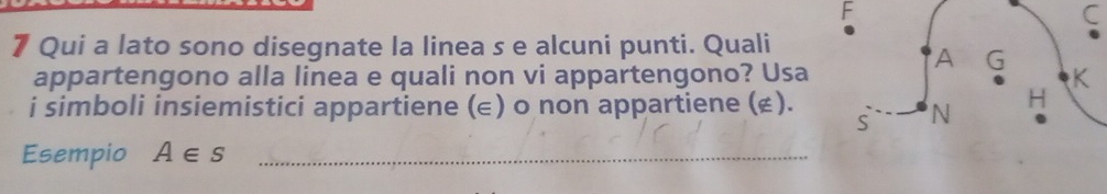 Qui a lato sono disegnate la linea s e alcuni punti. Quali 
appartengono alla linea e quali non vi appartengono? Usa 
i simboli insiemistici appartiene (∈) o non appartiene (¢). 
Esempio A∈ s _