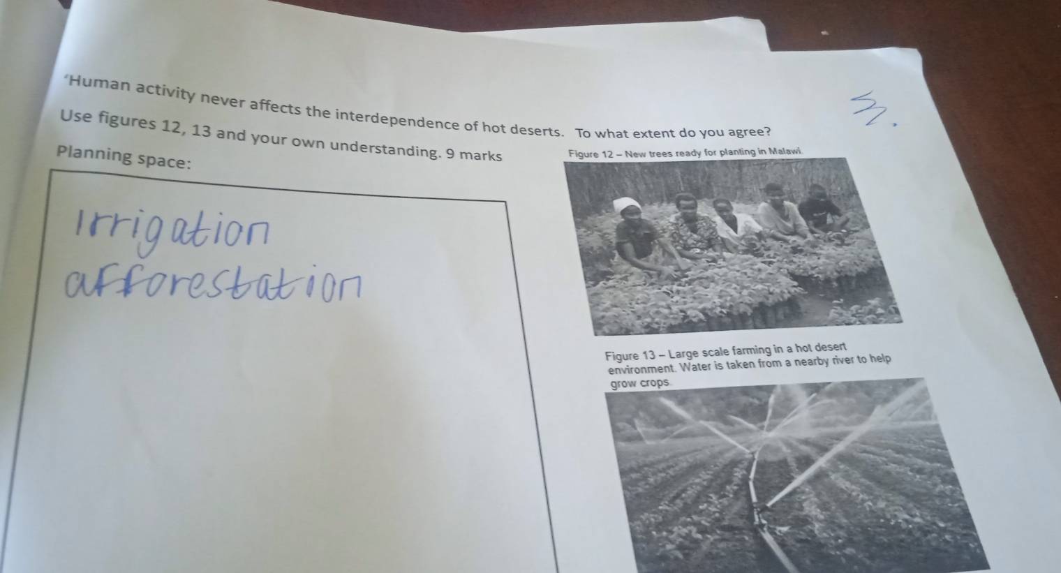 ‘Human activity never affects the interdependence of hot deserts. To what extent do you agree? 
Use figures 12, 13 and your own understanding. 9 marks ing in Malawi 
Planning space: 
Figure 13 - Large scale farming in a hot desert 
environment. Water is taken from a nearby river to help