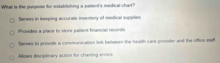 What is the purpose for establishing a patient's medical chart?
Serves in keeping accurate inventory of medical supplies
Provides a place to store patient financial records
Serves to provide a communication link between the health care provider and the office staff
Allows disciplinary action for charting errors