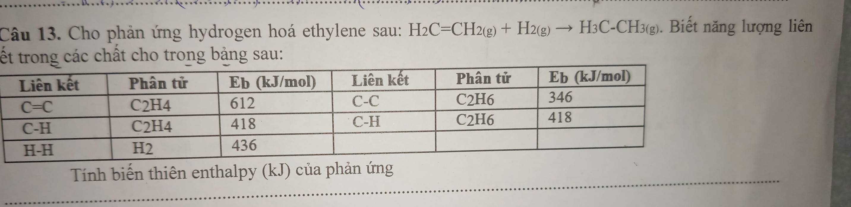 Cho phản ứng hydrogen hoá ethylene sau: H_2C=CH_2(g)+H_2(g)to H_3C-CH_3(g). Biết năng lượng liên
ết trong các chất cho trong bảng sau:
_
Tính biến thiên enthalpy (kJ) của phản ứng
_