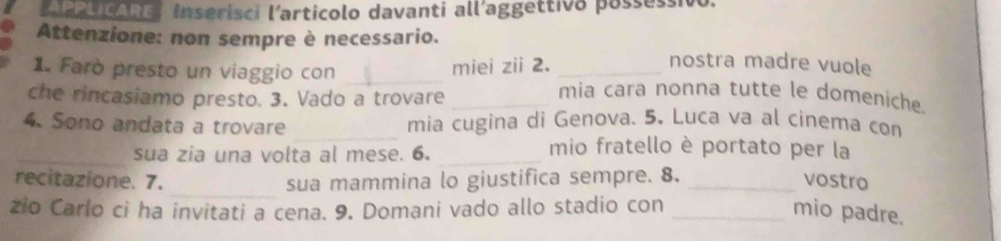 APPLICARE Inserisci l'articolo davanti allaggettivo possessivo. 
Attenzione: non sempre è necessario. 
miei zii 2. 
nostra madre vuole 
1. Farò presto un viaggio con __mia cara nonna tutte le domeniche. 
che rincasiamo presto. 3. Vado a trovare_ 
4. Sono andata a trovare _mia cugina di Genova. 5. Luca va al cinema con 
_sua zia una volta al mese. 6._ 
mio fratello è portato per la 
_ 
recitazione. 7. sua mammina lo giustifica sempre. 8. _vostro 
zio Carlo ci ha invitati a cena. 9. Domani vado allo stadio con _mio padre.