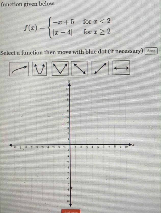 function given below.
f(x)=beginarrayl -x+5forx<2 |x-4|forx≥ 2endarray.
Select a function then move with blue dot (if necessary) done