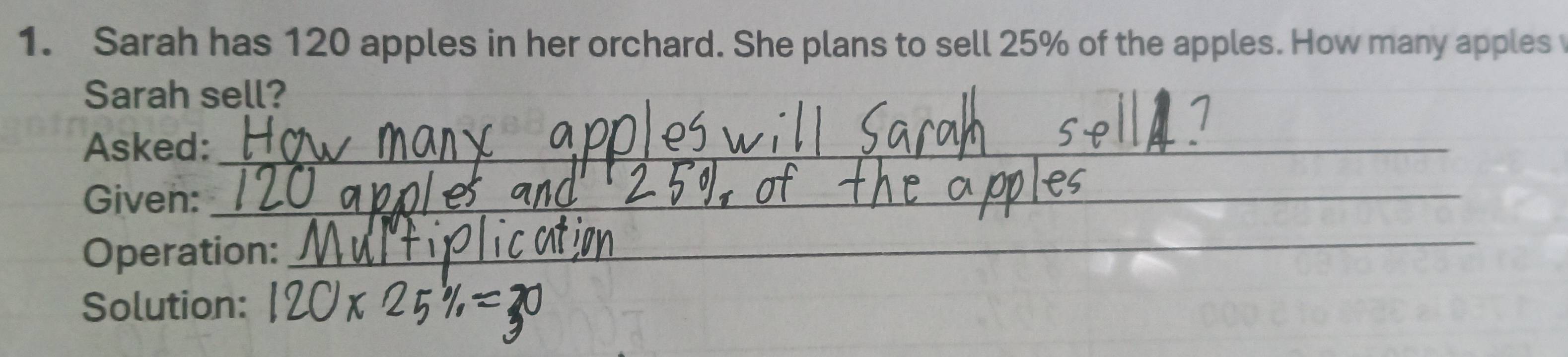 Sarah has 120 apples in her orchard. She plans to sell 25% of the apples. How many apples 
Sarah sell? 
Asked:_ 
Given:_ 
Operation: 
_ 
Solution: