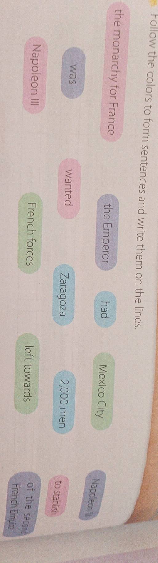 Follow the colors to form sentences and write them on the lines. 
the monarchy for France the Emperor Mexico City 
had 
Napoleon IIII 
was wanted 2,000 men 
Zaragoza 
to stablish 
Napoleon III French forces left towards 
of the second 
French Empire