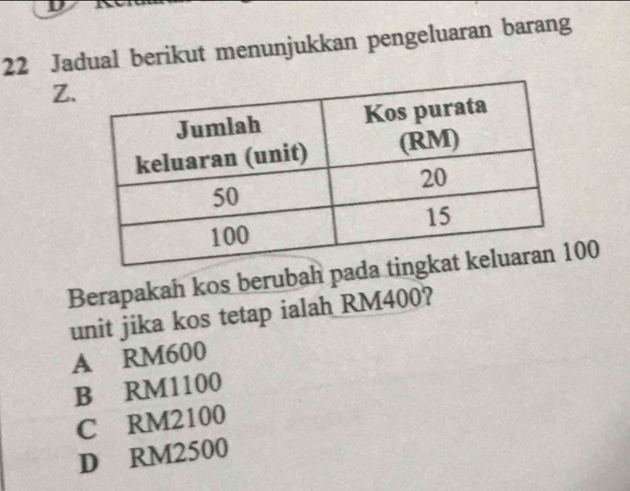 Jadual berikut menunjukkan pengeluaran barang
Z.
Berapakah kos berubah pa00
unit jika kos tetap ialah RM400?
A RM600
B RM1100
C RM2100
D RM2500