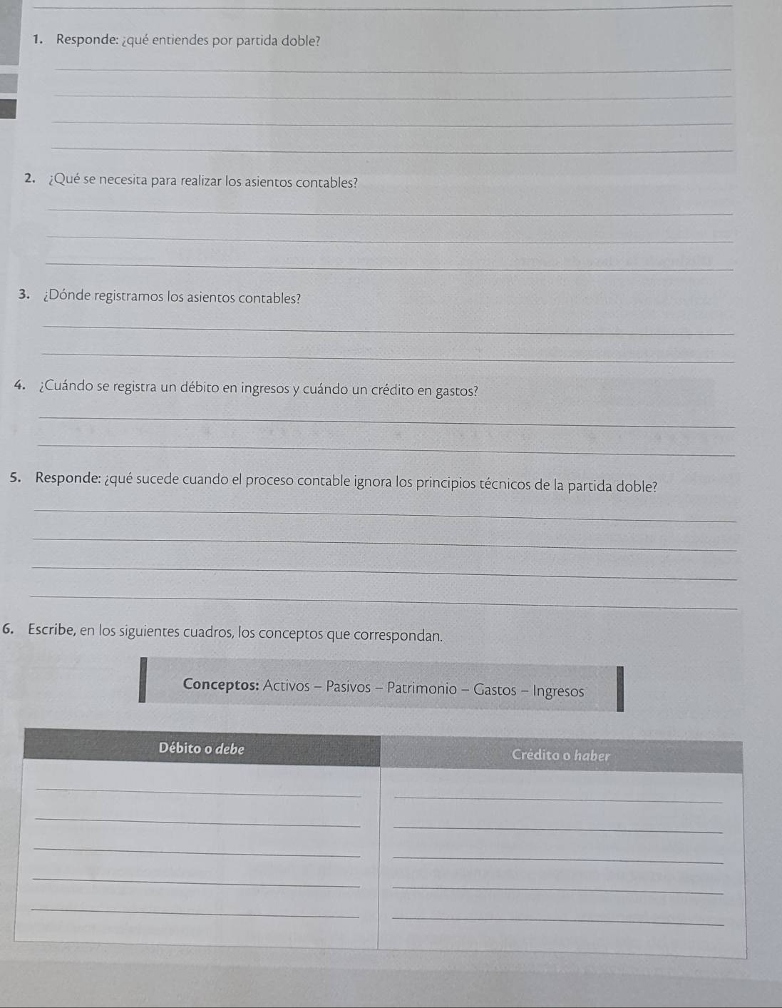 Responde: ¿qué entiendes por partida doble? 
_ 
_ 
_ 
_ 
2. ¿Qué se necesita para realizar los asientos contables? 
_ 
_ 
_ 
3. ¿Dónde registramos los asientos contables? 
_ 
_ 
4. ¿Cuándo se registra un débito en ingresos y cuándo un crédito en gastos? 
_ 
_ 
5. Responde: ¿qué sucede cuando el proceso contable ignora los principios técnicos de la partida doble? 
_ 
_ 
_ 
_ 
6. Escribe, en los siguientes cuadros, los conceptos que correspondan. 
Conceptos: Activos - Pasivos - Patrimonio - Gastos - Ingresos