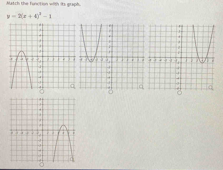 Match the function with its graph.
y=2(x+4)^2-1