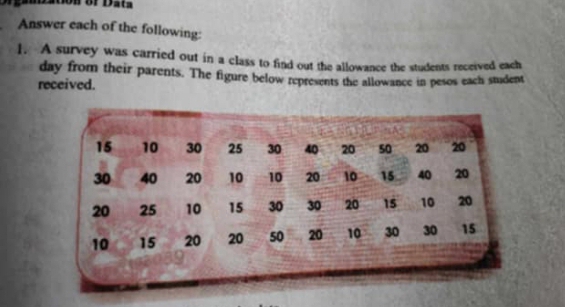 gano oon of Data 
Answer each of the following: 
1. A survey was carried out in a class to find out the allowance the students received each
day from their parents. The figure below represents the allowance in pesos each stident 
received.