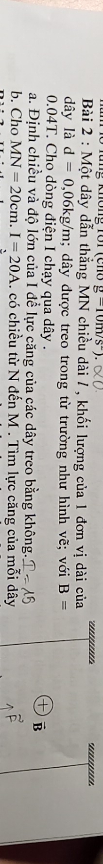 lung không 1ôi (cnc g=10m/s^2)
*.....!..... 
Bài 2 : Một dây dẫn thẳng MN chiều dài / , khối lượng của 1 đơn vị dài của
dây là d=0 ,06kg/m; dây được treo trong từ trường như hình vẽ; với B=
0.04T. Cho dòng điện I chạy qua dây. 
a. Định chiều và độ lớn của I để lực căng của các dây treo bằng không.
vector B
b. Cho MN=20cm. I=20A. có chiều từ N đến M. Tìm lực căng của mỗi dây