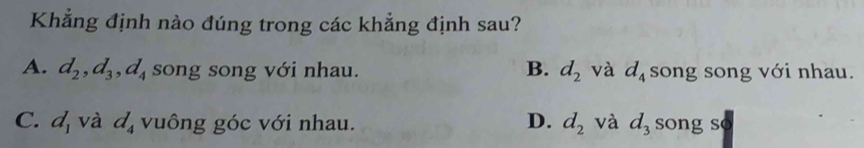 Khẳng định nào đúng trong các khẳng định sau?
A. d_2, d_3, d_4 song song với nhau. B. d_2 và d_4 song song với nhau.
C. d_1 và d_4 vuông góc với nhau. D. d_2 và d_3 song so