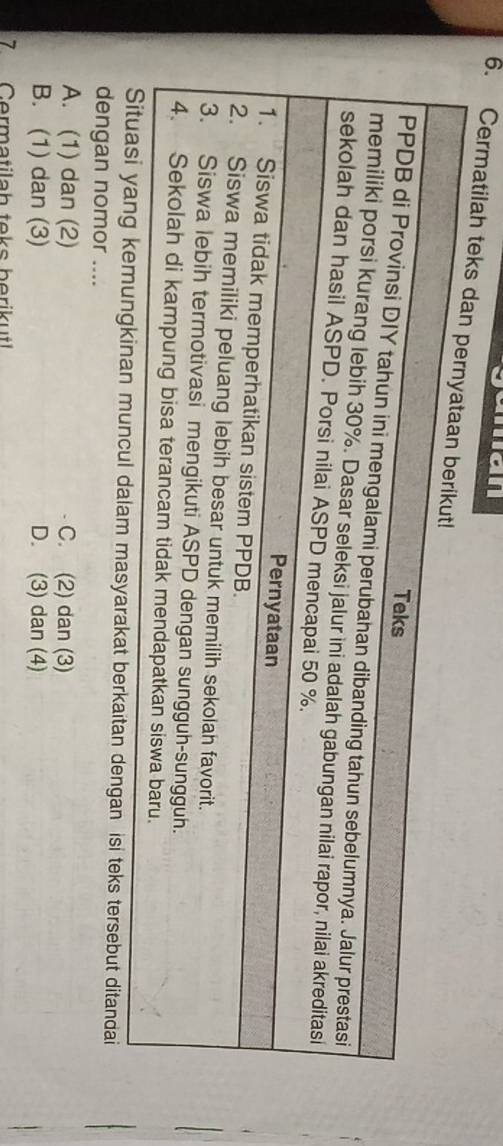 uman
6. Cermatilah 
masyarakat berkaitan dengan isi teks tersebut ditandai
dengan nomor ....
A. (1) dan (2) C. (2) dan (3)
B. (1) dan (3) D. (3) dan (4)
7 Cermatilah teks berikut!
