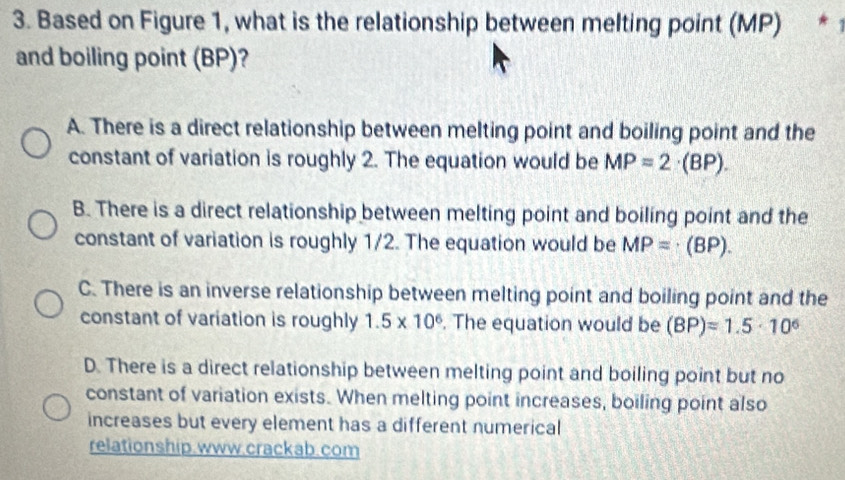 Based on Figure 1, what is the relationship between melting point (MP) * 1
and boiling point (BP)?
A. There is a direct relationship between melting point and boiling point and the
constant of variation is roughly 2. The equation would be MP=2· (BP).
B. There is a direct relationship between melting point and boiling point and the
constant of variation is roughly 1/2. The equation would be MP=(BP).
C. There is an inverse relationship between melting point and boiling point and the
constant of variation is roughly 1.5* 10^6. The equation would be (BP)=1.5· 10^6
D. There is a direct relationship between melting point and boiling point but no
constant of variation exists. When melting point increases, boiling point also
increases but every element has a different numerical
relationship.www.crackab.com