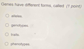 Genes have different forms, called (1 point)
alleles
genotypes.
traits.
phenotypes.