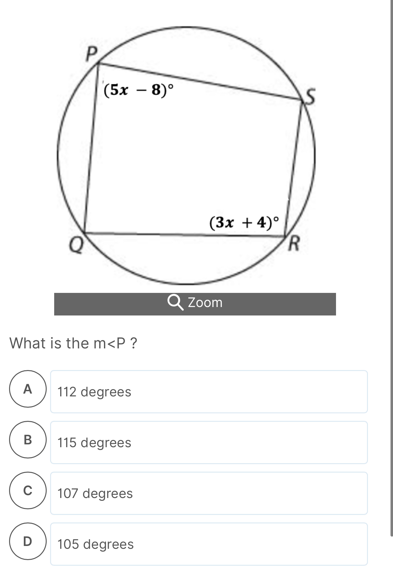 What is the m ?
A 112 degrees
B 115 degrees
C 107 degrees
D 105 degrees