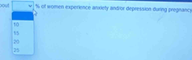 bout % of women experience anxiety and/or depression during pregnancy
10
15
20
25