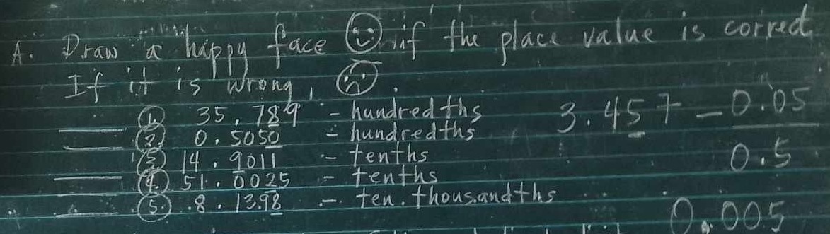 Dran a hippy face ) if the place value is corrat
If it is wrong, (.
3 5.184 - hundred ths 3.457-0.05
21 0. 5050 hundredths
14. 1011 - tenths 0. 5
(. ) 51. 0.025 fenths
(5. ) 8. 13.98 ten. thousandths