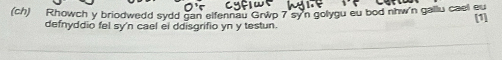 (ch) Rhowch y briodwedd sydd gan elfennau Grwp 7 sy'n golygu eu bod nhw'n gallu cael eu 
1 
defnyddio fel sy'n cael ei ddisgrifio yn y testun.