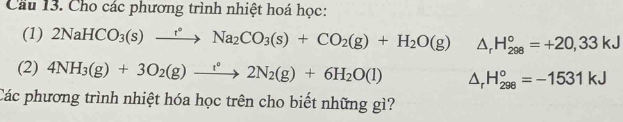 Cầu 13. Cho các phương trình nhiệt hoá học: 
(1) 2NaHCO_3(s)xrightarrow t°Na_2CO_3(s)+CO_2(g)+H_2O(g) △ _rH_(298)°=+20,33kJ
(2) 4NH_3(g)+3O_2(g)xrightarrow f°2N_2(g)+6H_2O(l)
△ , H_(298)°=-1531kJ
Các phương trình nhiệt hóa học trên cho biết những gì?