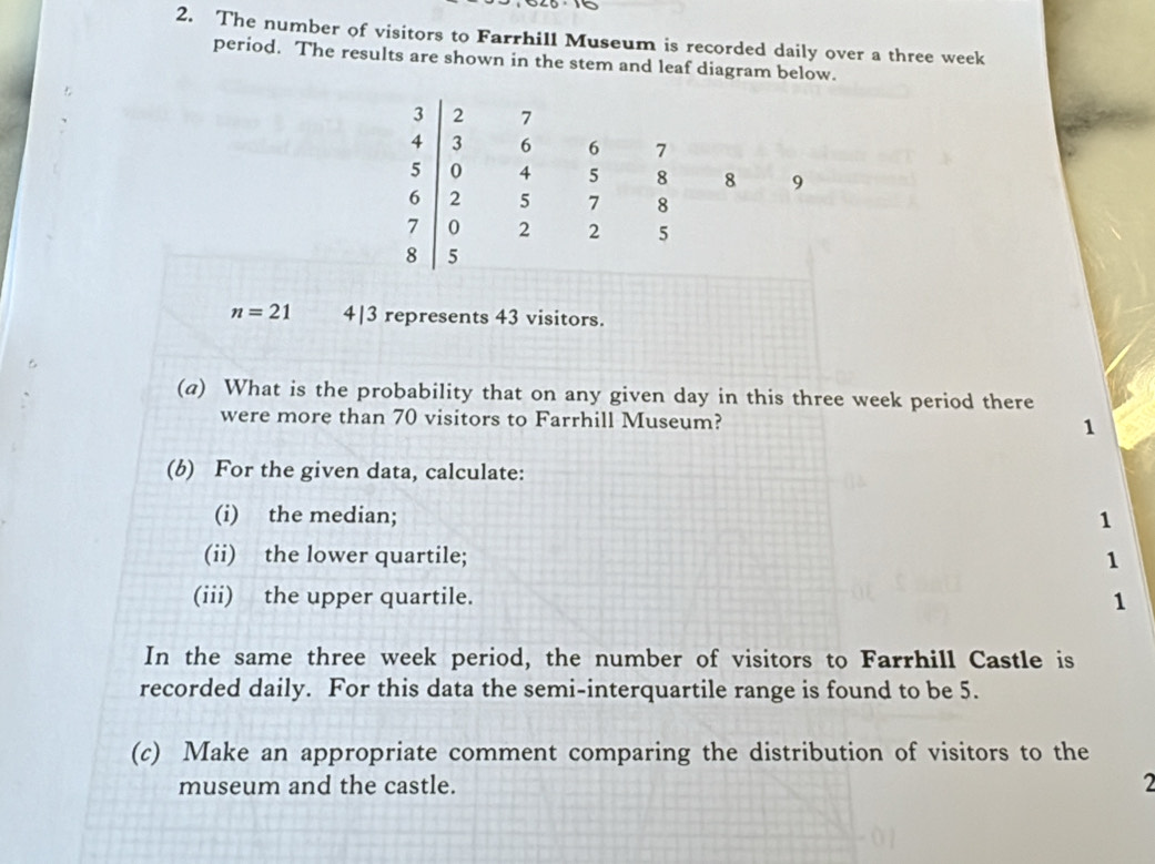 The number of visitors to Farrhill Museum is recorded daily over a three week
period. The results are shown in the stem and leaf diagram below.
n=21 4| 3 represents 43 visitors. 
(a) What is the probability that on any given day in this three week period there 
were more than 70 visitors to Farrhill Museum? 1 
(b) For the given data, calculate: 
(i) the median; 1
(ii) the lower quartile; 1
(iii) the upper quartile. 1 
In the same three week period, the number of visitors to Farrhill Castle is 
recorded daily. For this data the semi-interquartile range is found to be 5. 
(c) Make an appropriate comment comparing the distribution of visitors to the 
museum and the castle. 2