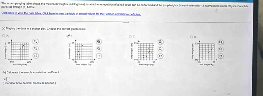The accompanying table shows the maximum weights (in kilograms) for which one repetition of a half squat can be performed and the jump heights (in centimeters) for 12 international soccer players. Complete 
parts (a) through (d) below. 
Click here to view the data table, Click here to view the table of critical values for the Pearson correlation coefficient. 
(a) Display the data in a scatter plot. Choose the correct graph below. 
A. 
B. 
C. 
D.
65
220 220

45
220 140 140
140
4 65 45 65
Max Weight (kg) Max Weight (kg) Max Woight (kg) 
(b) Calculate the sample correlation coefficient r
r=□
(Round to three decimal places as needed.)