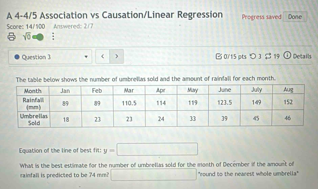 A 4-4/5 Association vs Causation/Linear Regression Progress saved Done 
Score: 14/100 Answered: 2/7 
sqrt(0) 
Question 3 > [ 0/15 pts つ 3% 19 ⓘ Details 
1 
The table below shows the number of umbrellas sold and the amount of rainfall for each month. 
Equation of the line of best fit: y=□
What is the best estimate for the number of umbrellas sold for the month of December if the amount of 
rainfall is predicted to be 74 mm? □ *round to the nearest whole umbrella*