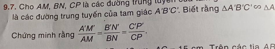 Cho AM, BN, CP là các đường trung luyên 
là các đường trung tuyến của tam giác A'B'C'. Biết rằng △ A'B'C'∈fty △ A
Chứng minh rằng  A'M'/AM = B'N'/BN = C'P'/CP . 
Trên các tia AB